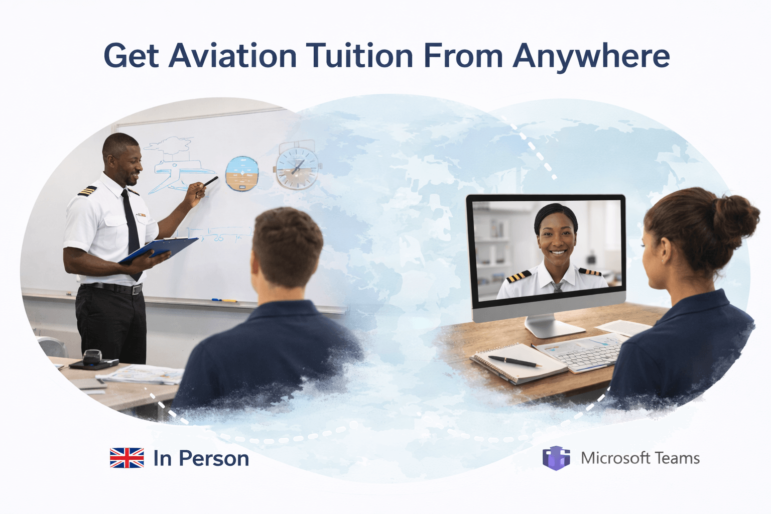 classroom and onlin instruction in front of a map