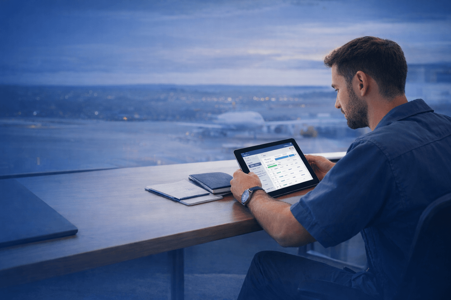 MAN AT DESK TRYING AVIATION ELEARNING AT NIGHT