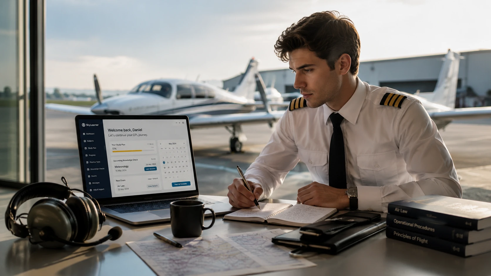 Pilot studying CPL theory beside an aircraft