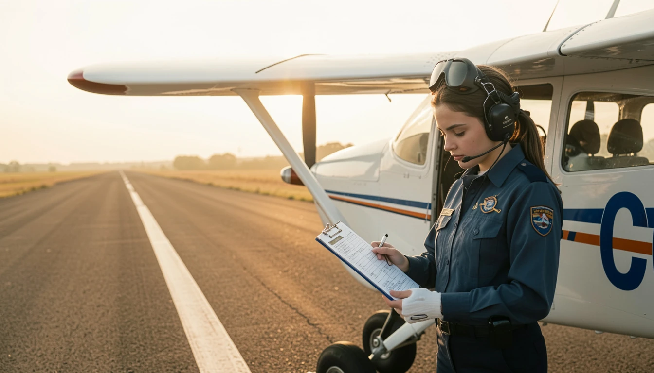 Pilot beside a light aircraft