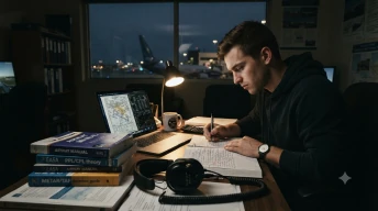 Pilot studying late at night