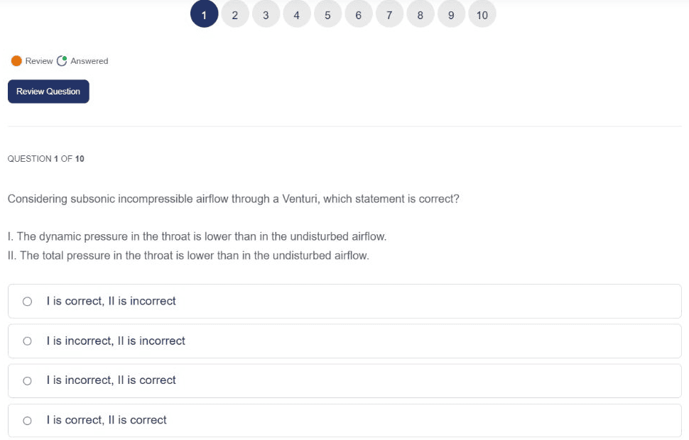 Active ATPL Principles of Flight Module 2 CMPT showing question navigation, Review Question and a CAA-style Venturi question