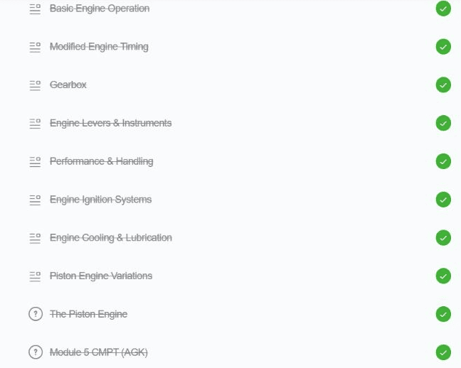 Aircraft General Knowledge module topics followed by the module test and cumulative module progress test