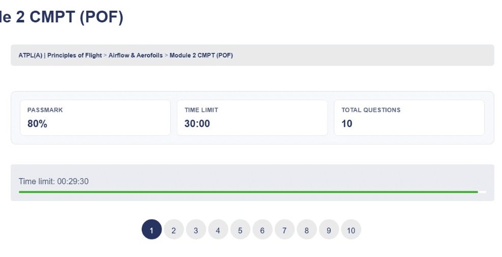ATPL Principles of Flight CMPT summary with 80 percent pass mark, 30 minute time limit, 10 questions and running timer