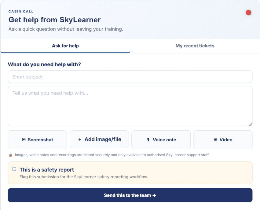 Current Cabin Call interface with screenshot, attachment, voice note and video options
