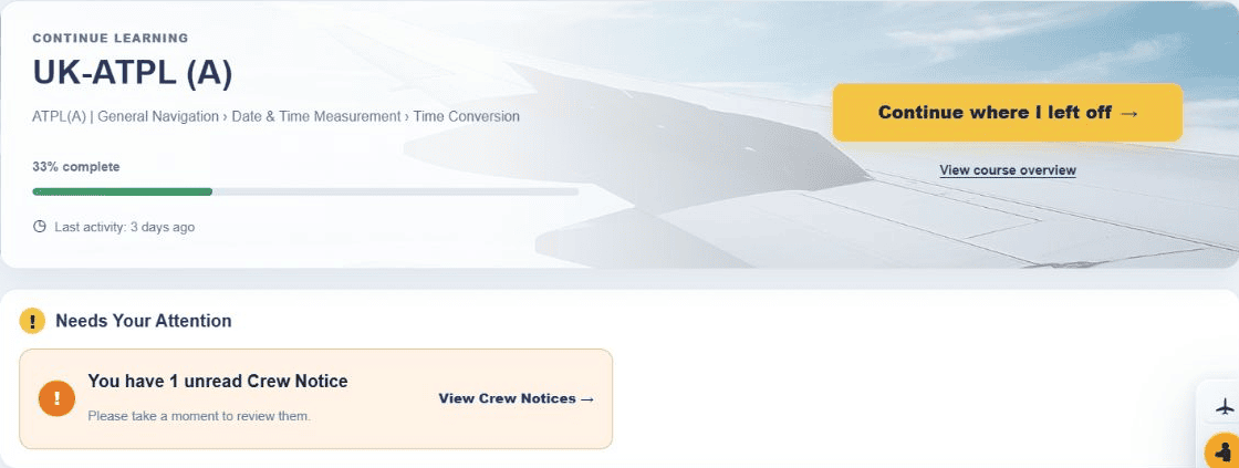 Current SkyLearner dashboard showing Continue Learning and Needs Attention