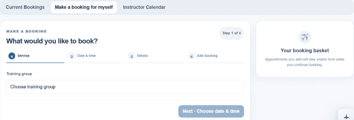 Current student booking journey showing service, date and time, details and booking stages