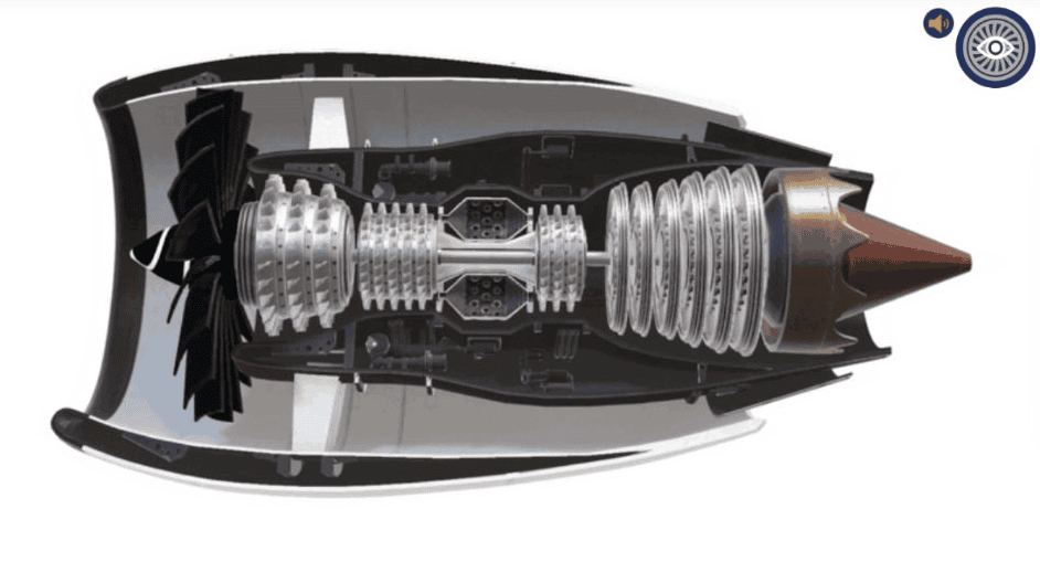 Detailed engine cutaway shown inside the SkyLearner jet engine walkthrough