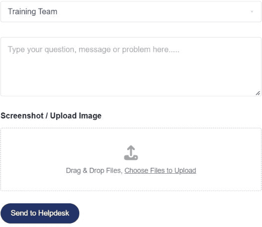 SkyLearner helpdesk form with Training Team selected and an option to attach a screenshot